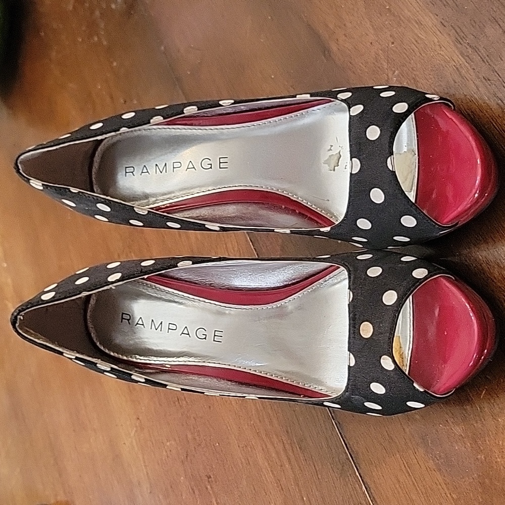 7.5 Rampage black and white polka dot peep toe heels with dark red heel.